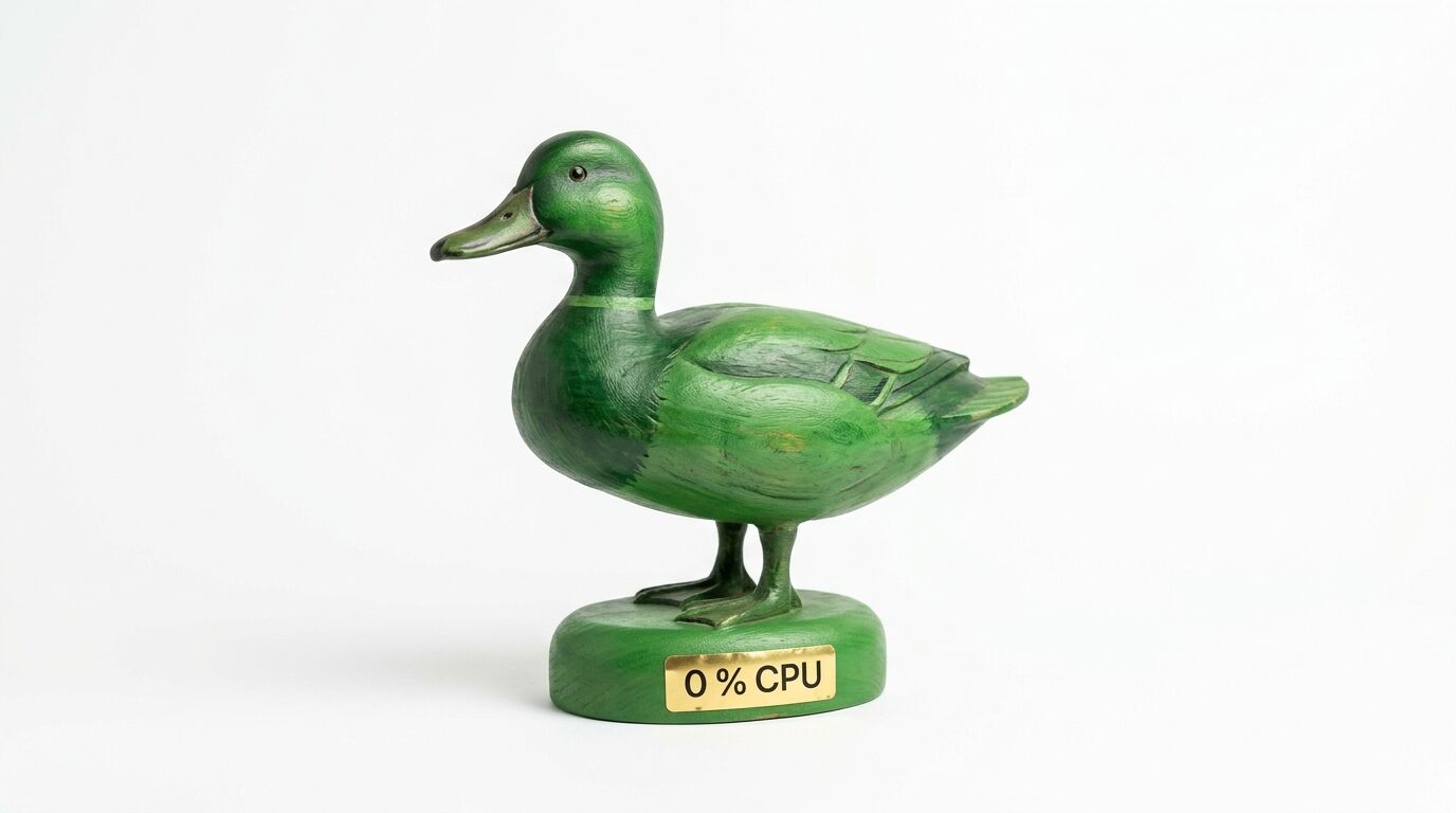 Hölzerne Ente in Grün auf einem Sockel mit dem Schild