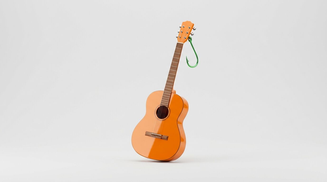 Orangefarbene Gitarre und ein großer grüner Angelhaken vor hellem Hintergrund