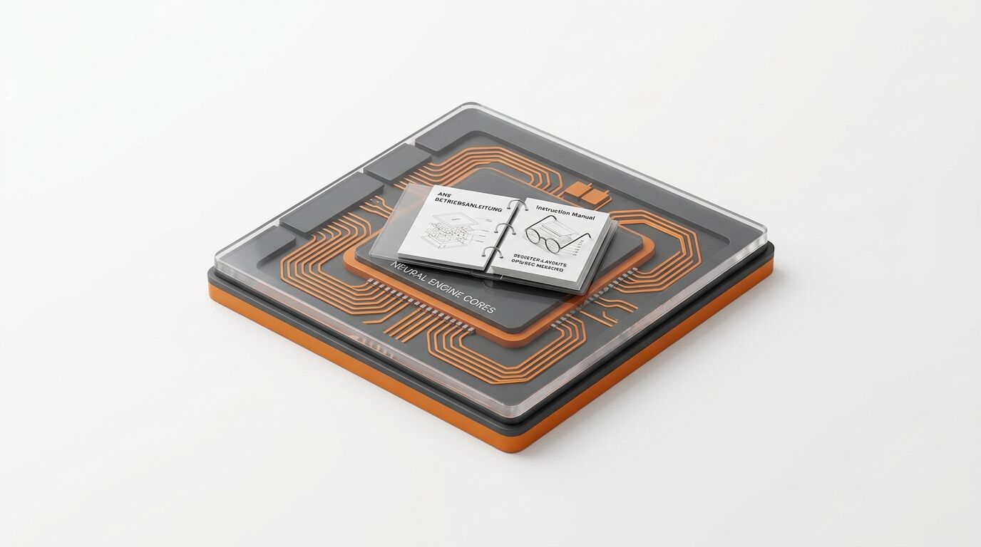 Abbildung eines Neural-Engine-Cores-Chips mit aufgeschlagener Bedienungsanleitung darauf