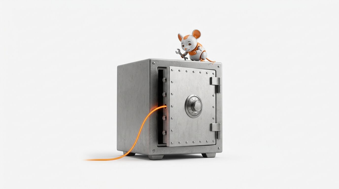 Robotermaus mit Gabelschlüssel auf geöffnetem Safe, ein oranges Kabel führt hinein