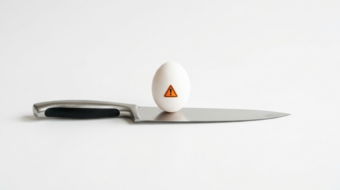 Weißes Ei mit orangefarbenem Warnsymbol balanciert auf einer horizontal liegenden Messerklinge