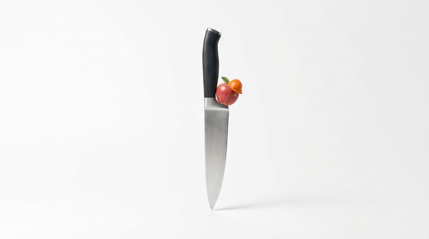 Messer steht auf Spitze, Apfel mit Bauhelm balanciert darauf. Weißer Hintergrund