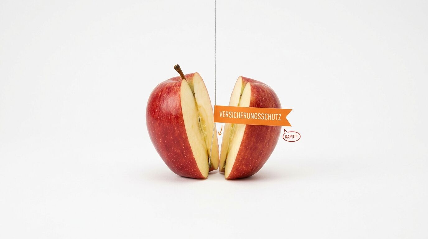 Ein durchtrennter Apfel mit einem orangefarbenen Banner „Versicherungsschutz“ und „KAPUTT“