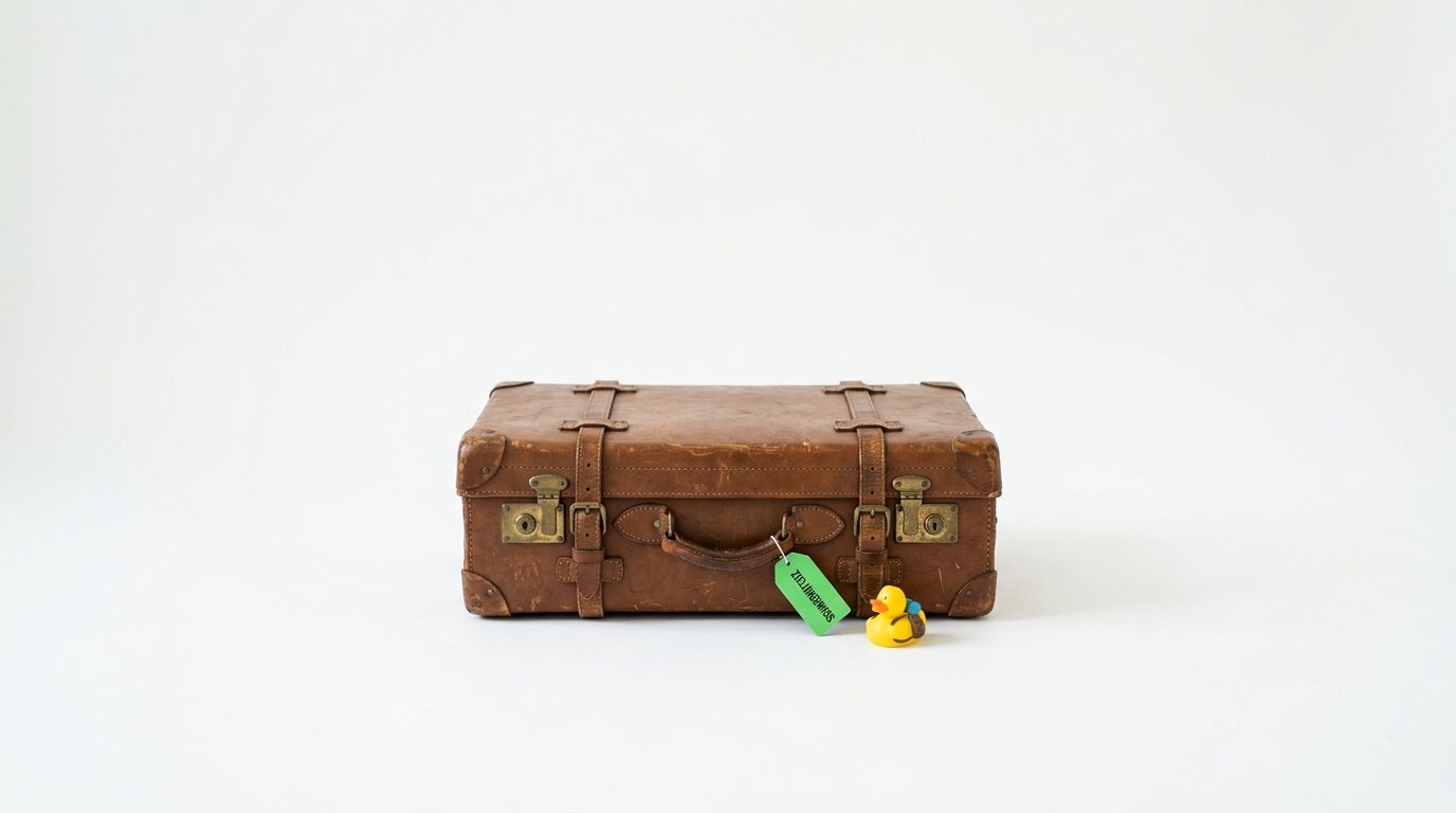 Ein alter Lederkoffer mit Anhänger und eine kleine Gummiente vor weißem Hintergrund