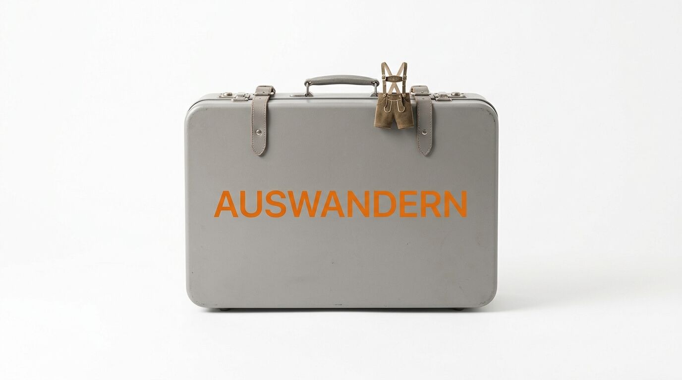 Grauer Koffer mit oranger Aufschrift „AUSWANDERN“ und Mini-Lederhose vor weißem Hintergrund