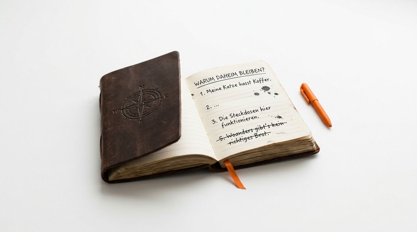 Offenes Ledernotizbuch mit Kompass-Prägung, handschriftlicher Liste und orangem Stift daneben