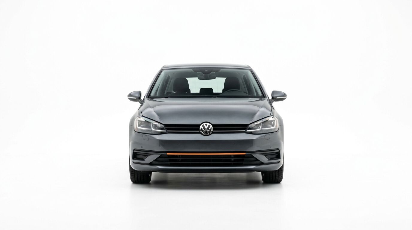 Frontalansicht eines grauen VW Golf vor weißem Hintergrund