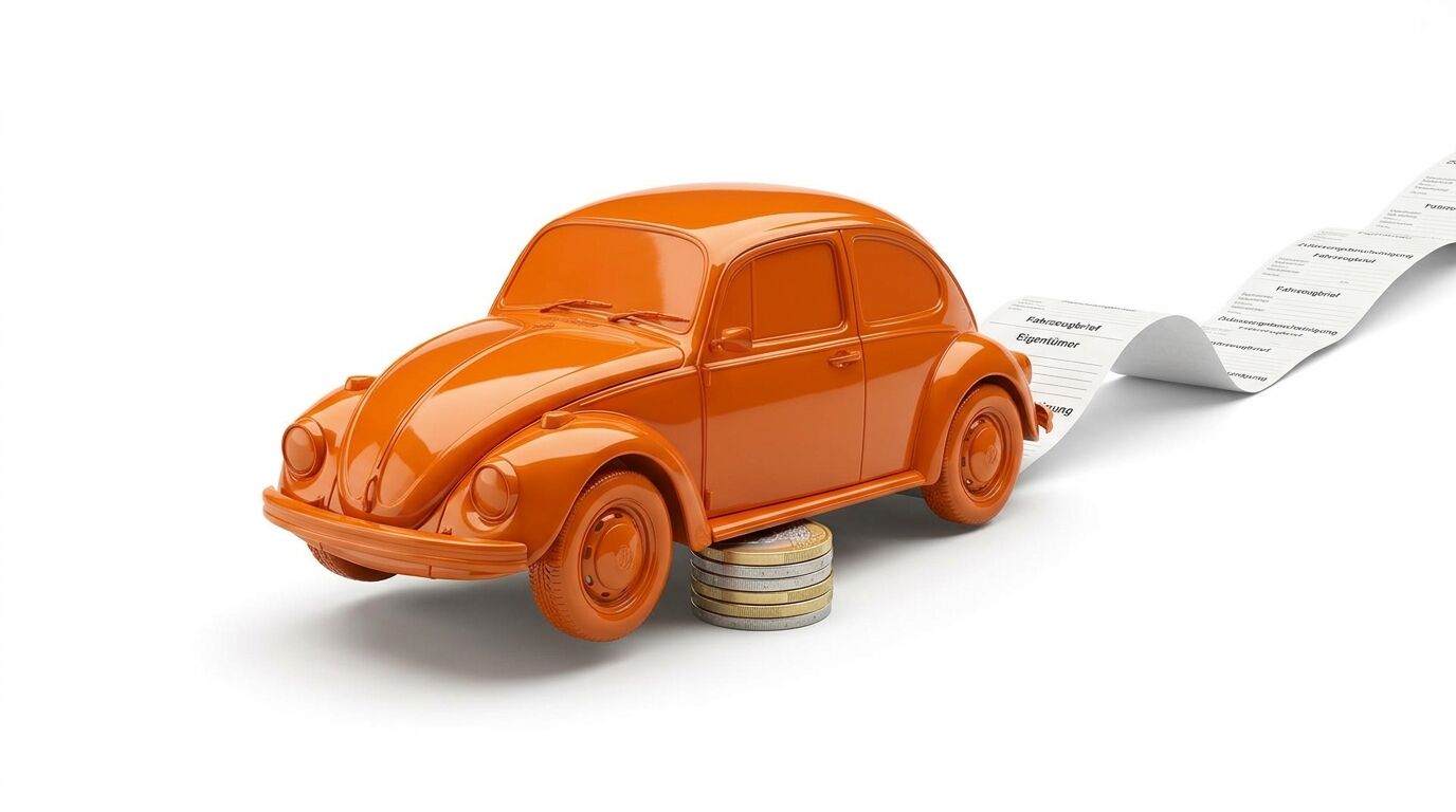 Oranges VW-Käfer-Modell auf Münzstapel mit Papierrauchwolke davor, auf weißem Grund