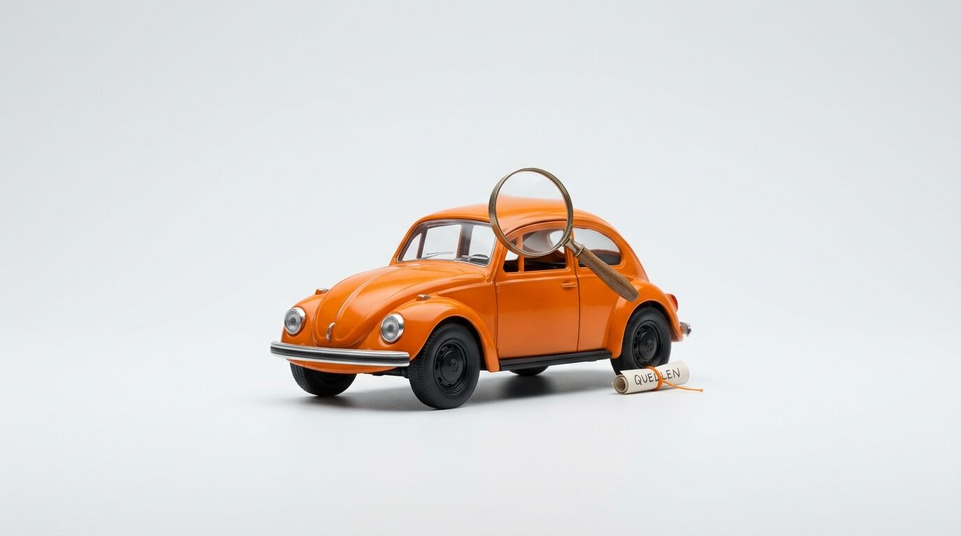 Orangefarbenes VW Käfer Modellauto mit Lupe und gerollter Papierrolle