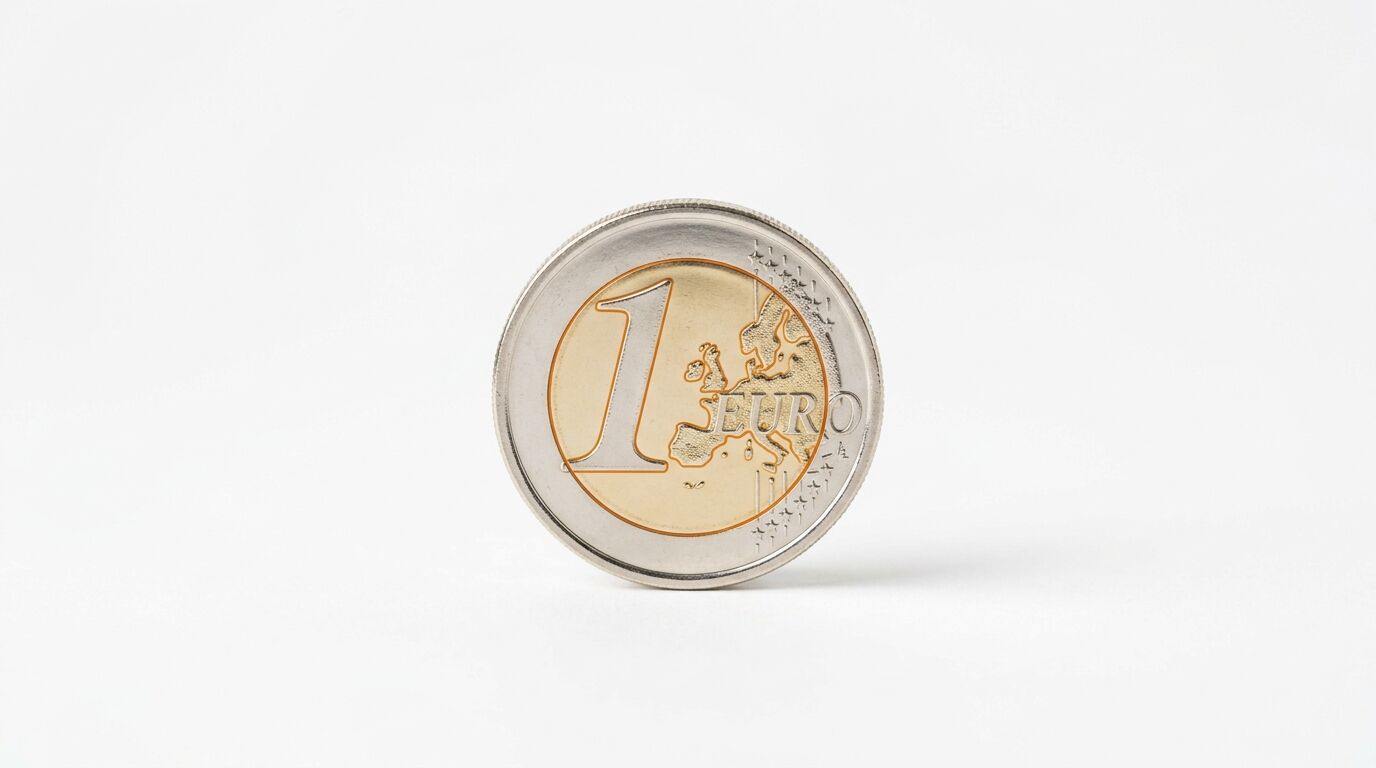 Aufrecht stehende 1-Euro-Münze (Vorderseite) auf weißem Grund