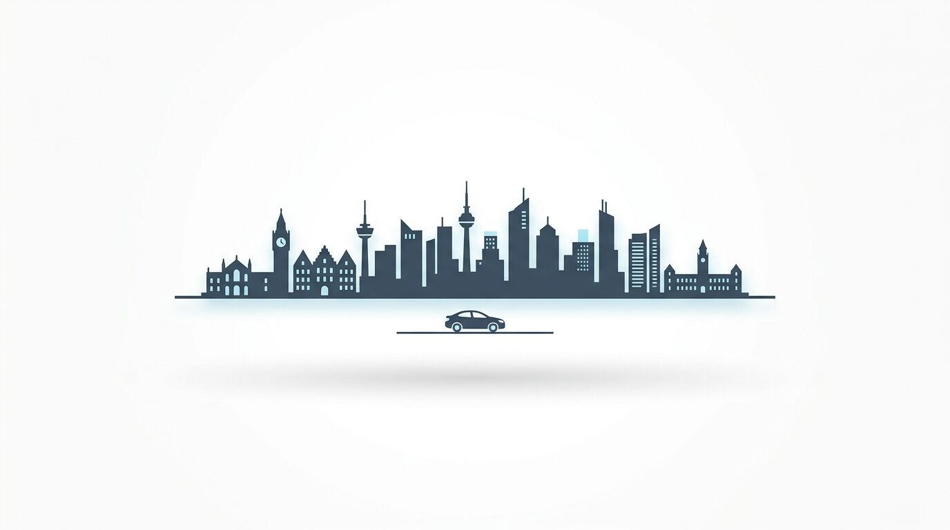 Eine dunkelgraue Skyline mit einem Auto darunter auf weißem Grund