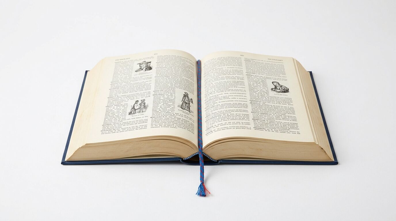 Aufgeschlagenes Buch mit Text und Illustrationen und einem Lesezeichen vor weißem Hintergrund