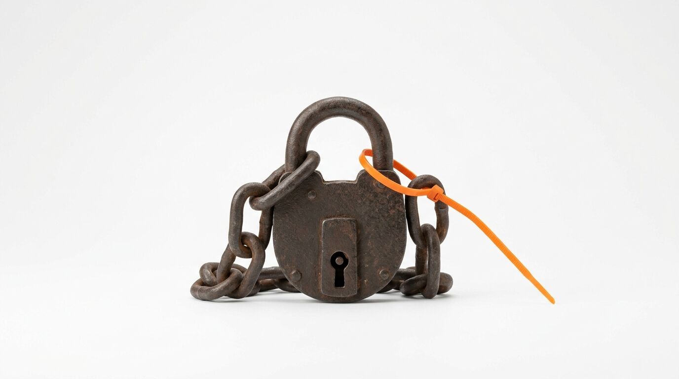 Altes, rostiges Vorhängeschloss mit Kette und orangem Kabelbinder auf weißem Grund