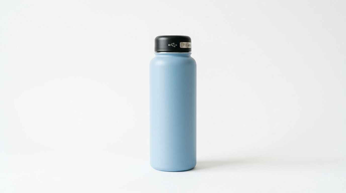 Blaue Flasche mit schwarzem Deckel vor weißem Hintergrund