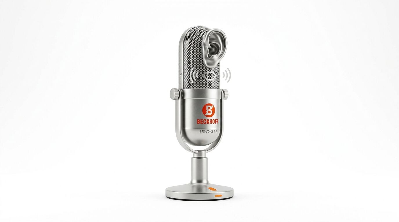 Mikrofon mit Metall-Ohr, „BECKHOFF“-Logo, „SPS-VOICE 1.0“-Schriftzug und Schallwellen-Symbolen