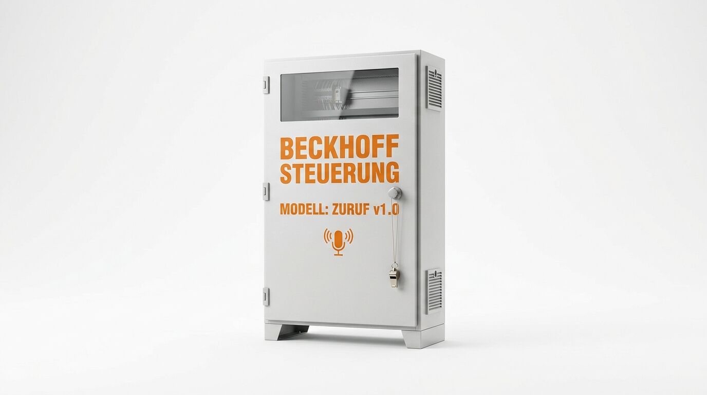Grauer Steuerschrank mit oranger Aufschrift „BECKHOFF STEUERUNG“ und „MODELL: ZURUF v1.0“