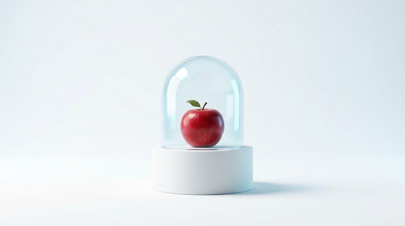 Ein roter Apfel unter einer Glasglocke auf einem weißen runden Podest