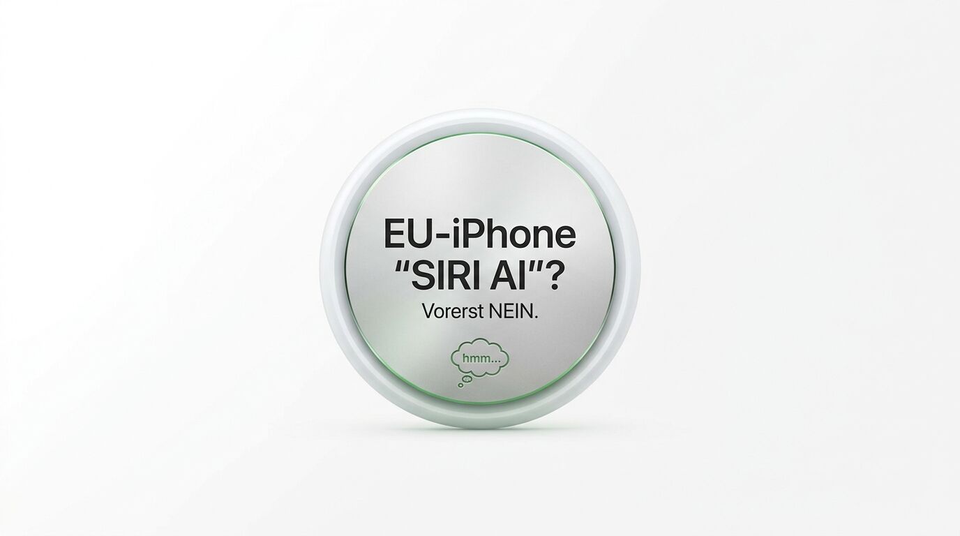 Silberner Knopf mit Text: EU-iPhone „SIRI AI“? Vorerst NEIN. Und „hmm...“ Sprechblase
