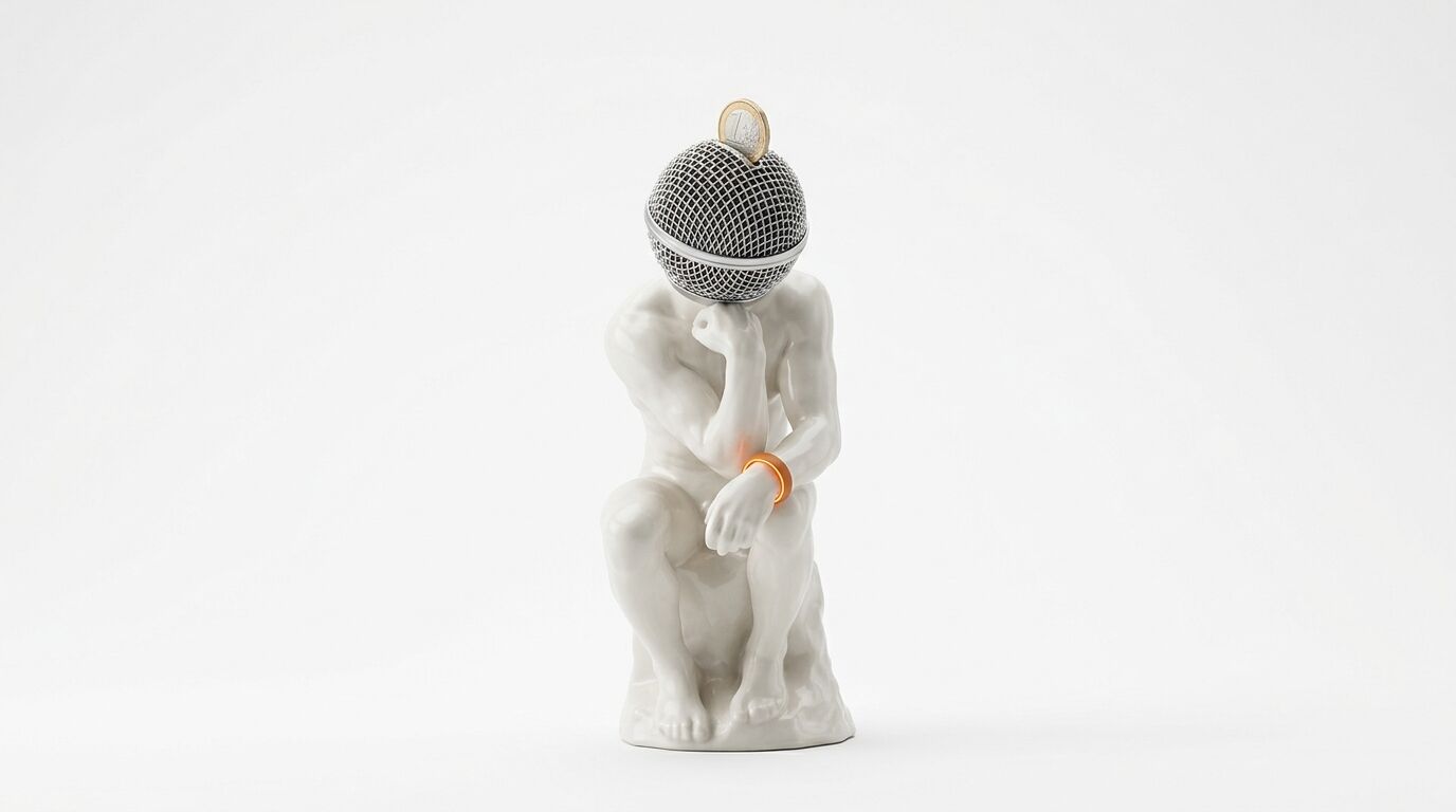 Porzellanfigur eines Denkers mit einem Gitterkorb als Kopf und Münzschlitz davor