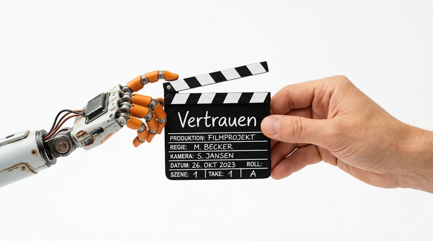 Ein Roboterarm und eine menschliche Hand halten gemeinsam eine beschriftete Filmklappe