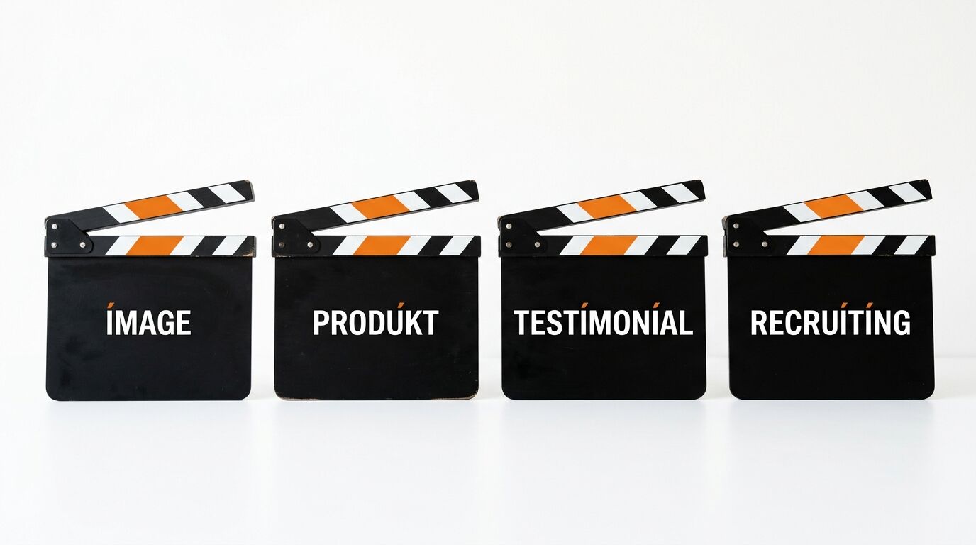 Vier Filmklappen mit den Worten IMAGE, PRODUKT, TESTIMONIAL, RECRUITING vor weißem Hintergrund