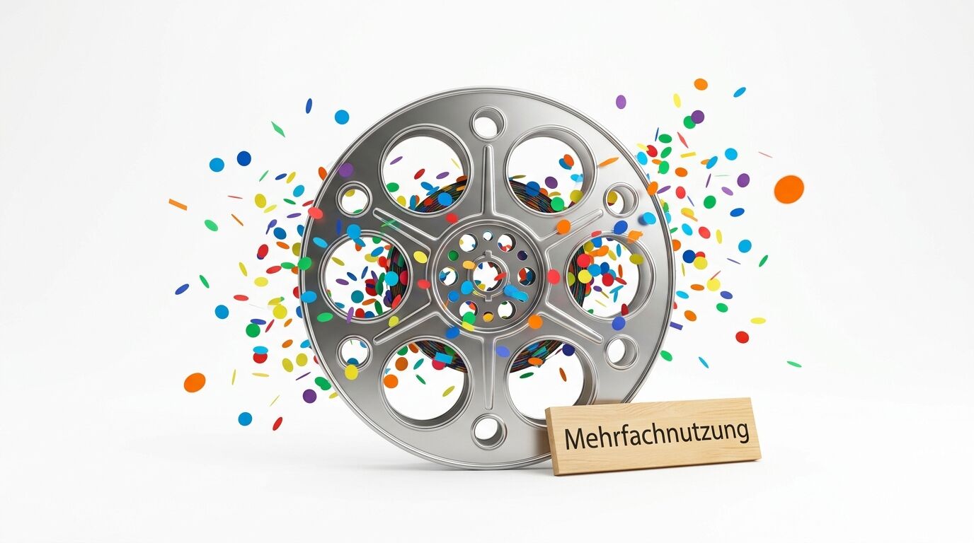 Filmspule mit buntem Konfetti und Holzschild „Mehrfachnutzung“ vor weißem Hintergrund