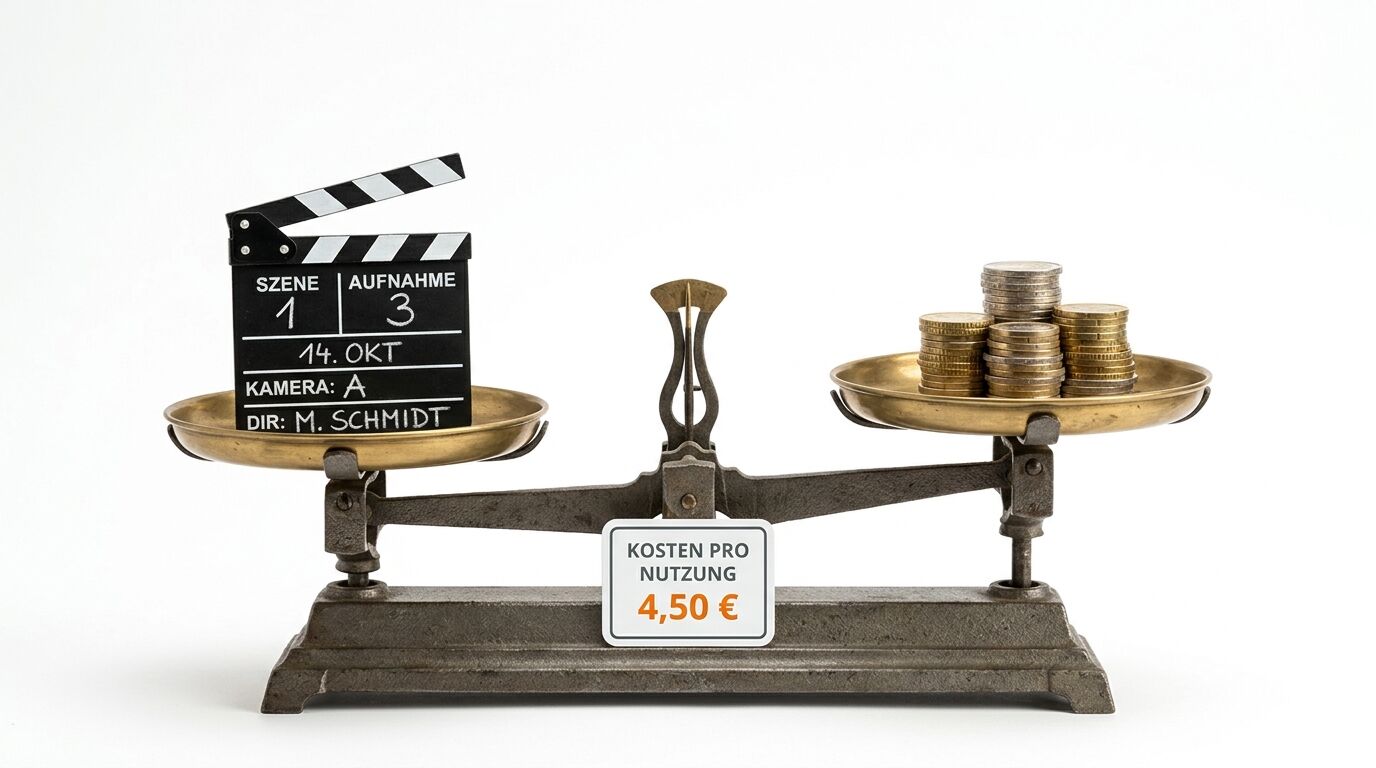 Waage mit Filmklappe links und Münzstapeln rechts vor weißem Hintergrund