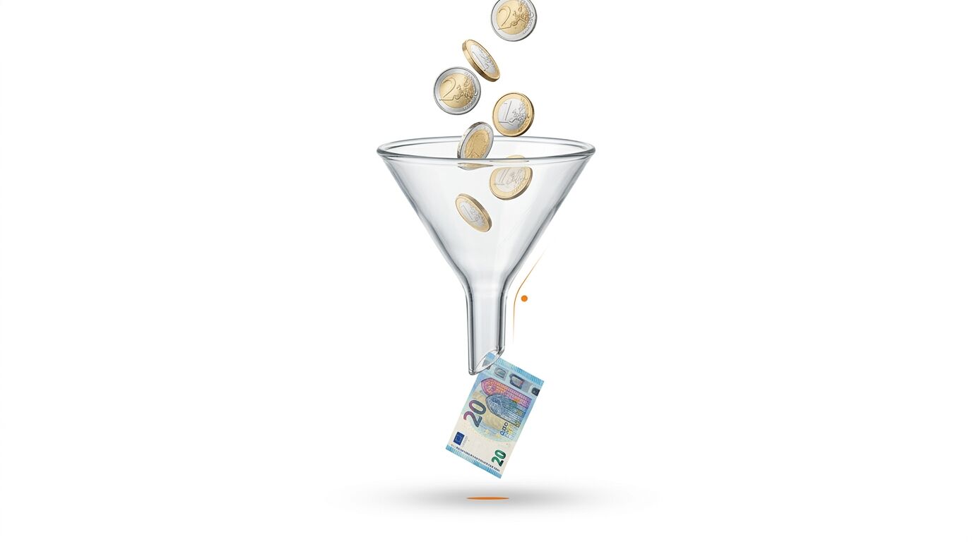 Euro-Münzen fallen in einen Glastrichter, unten kommt ein 20-Euro-Schein heraus