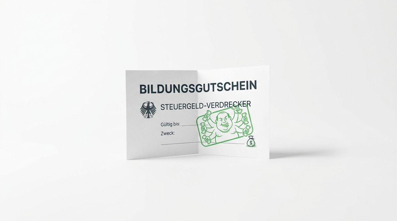 Aufgeklappter „Bildungsgutschein“ mit Adler und grüner Karikatur eines Geldgreifers