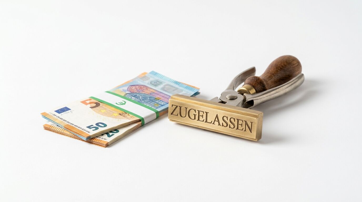 Bündel Euro-Scheine und Stempel mit Aufschrift „ZUGELASSEN“ auf weißem Hintergrund