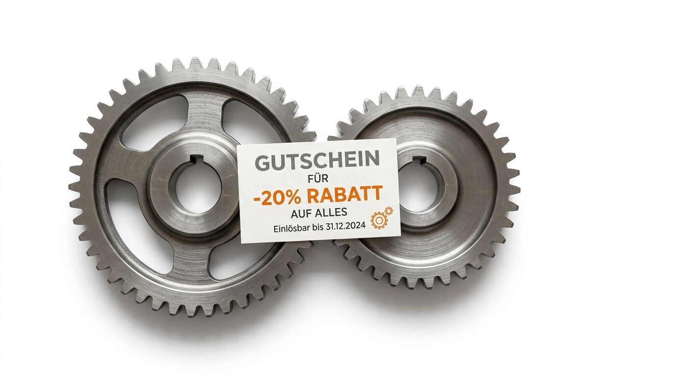 Zwei Zahnräder und ein Gutschein mit „-20% RABATT“ auf weißem Hintergrund