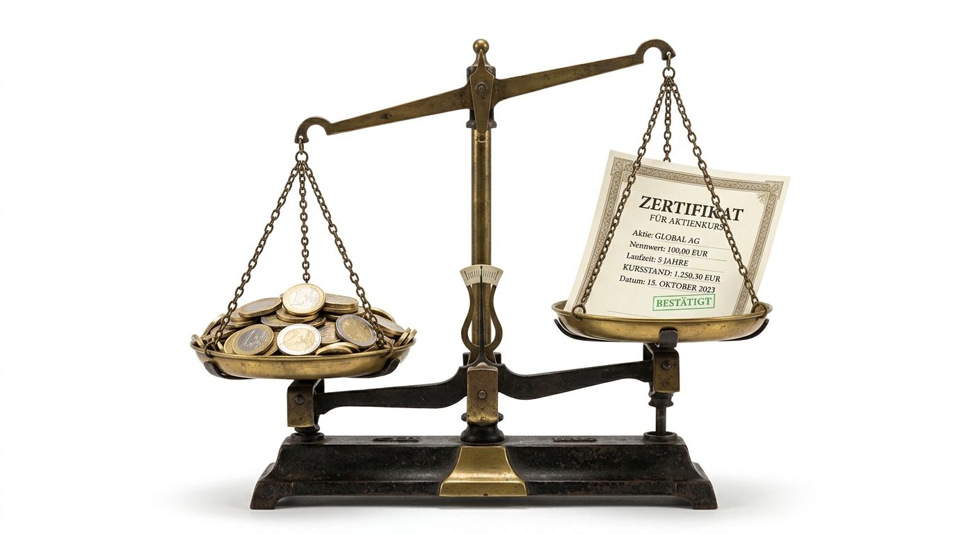 Alte Waage mit einem Haufen Euromünzen links und einem Papierzertifikat rechts