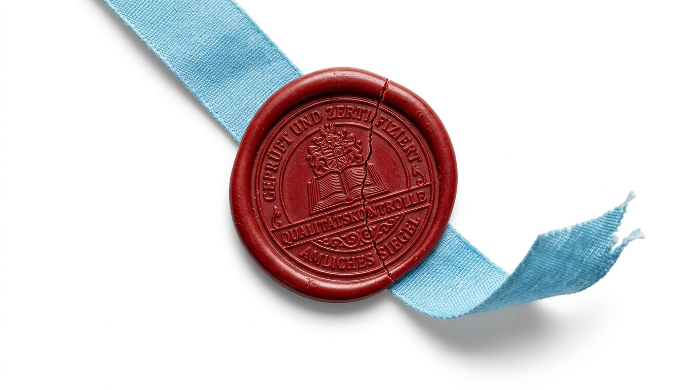 Ein gebrochenes rotes Wachssiegel mit deutscher Schrift auf einem hellblauen Band