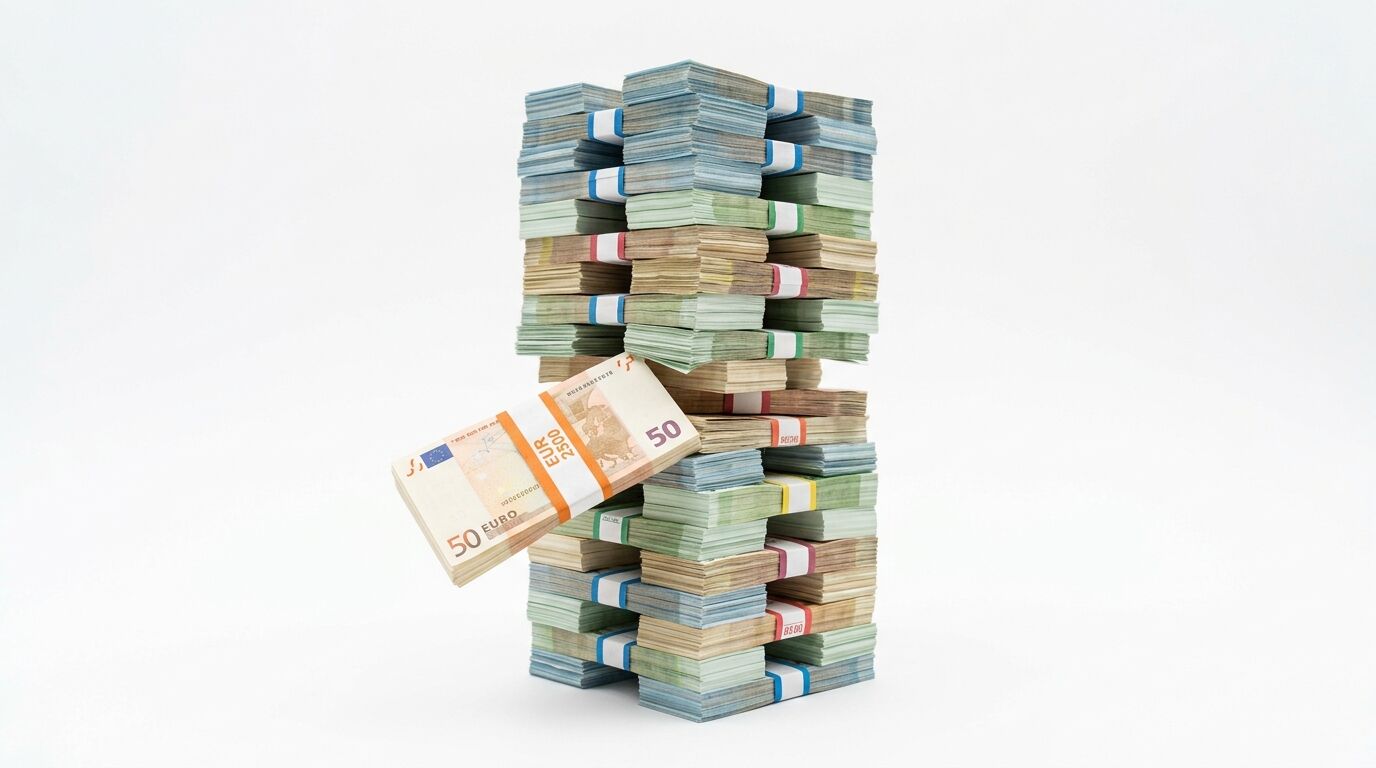 Vier Stapel Euro-Geldscheinbündel mit einem herausziehbaren Bündel im Jenga-Stil