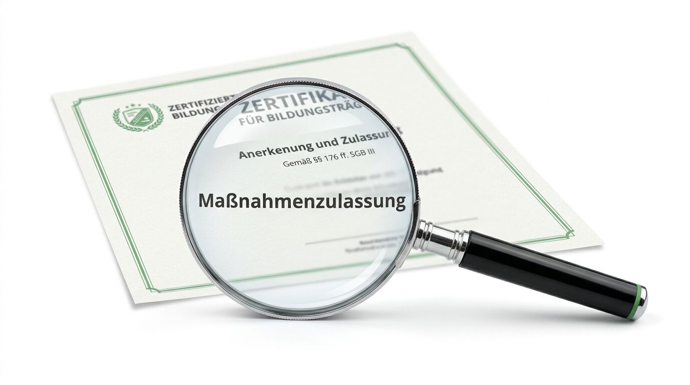 Lupe vergrößert Text „Maßnahmenzulassung“ auf Zertifikat