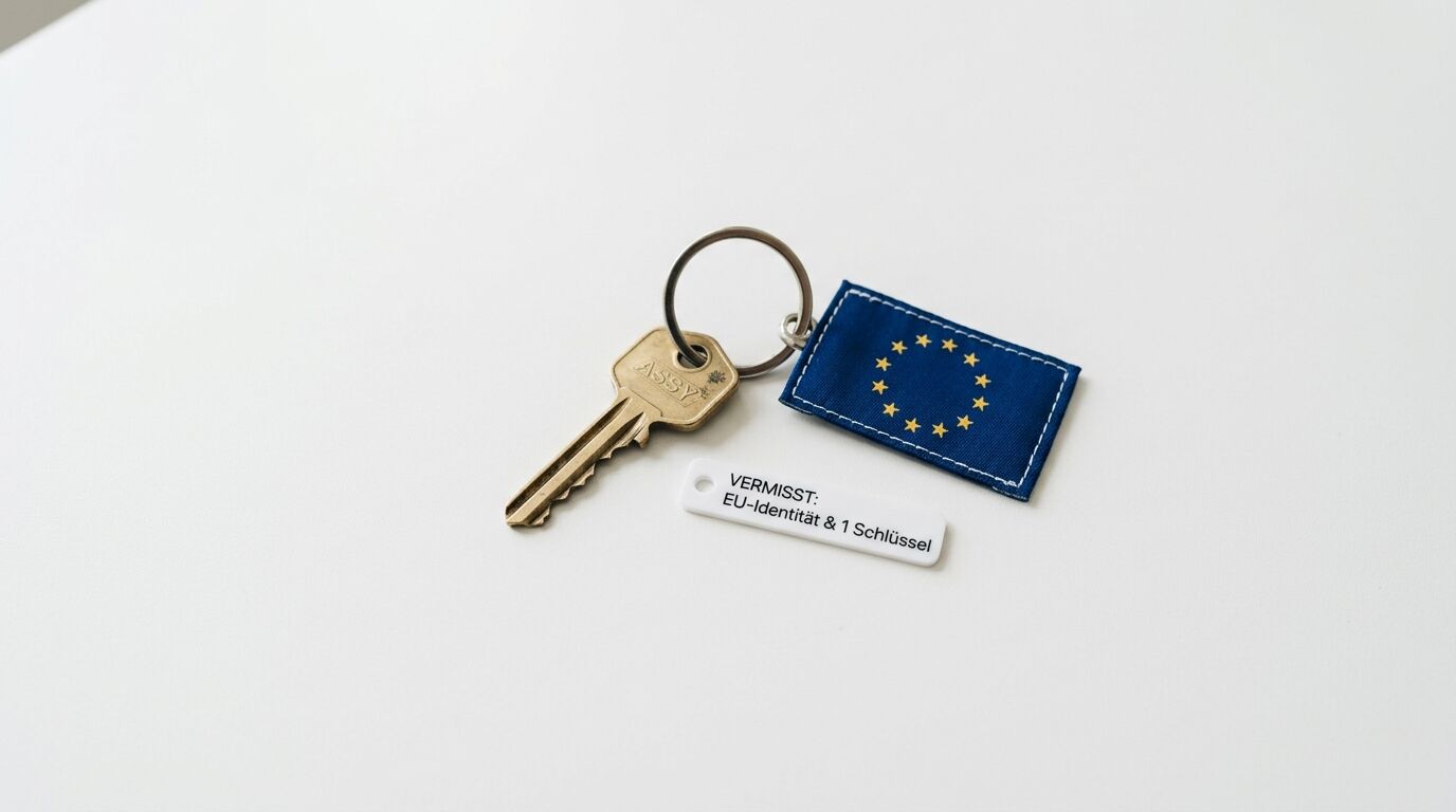 Schlüssel mit EU-Flaggen-Anhänger und Vermissten-Zettel auf weißem Grund