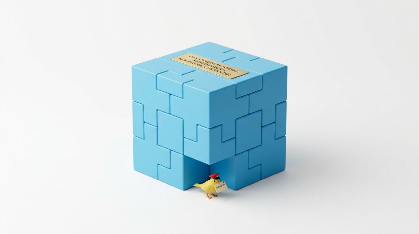 Blauer Würfel aus Puzzle-Teilen mit Plakette und kleiner Vögelchen-Postbote