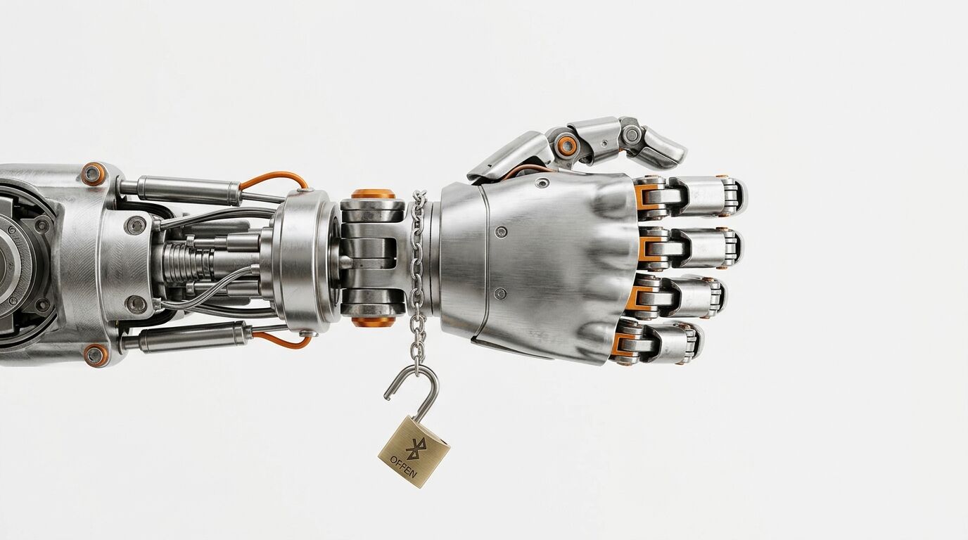 Roboterhand und -unterarm mit Kette und offenem Vorhängeschloss auf weißem Hintergrund