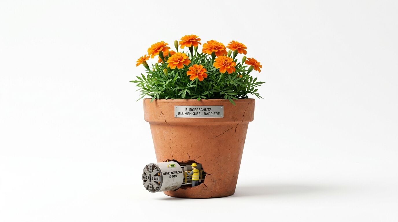 Eine Miniatur-TBM bohrt sich durch einen Blumentopf mit Tagetes und einem Schilderhinweis