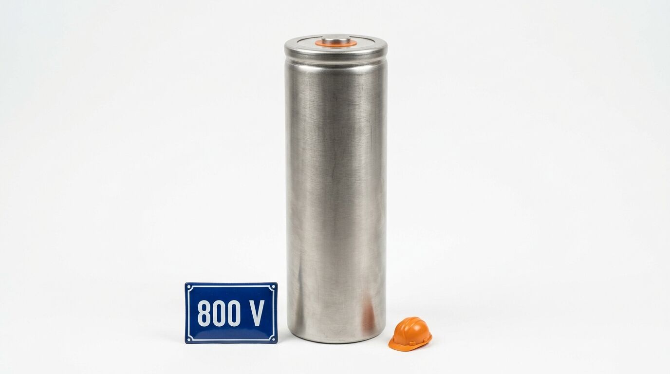 Zylindrische Metallzelle vor weißem Hintergrund mit 800 V Schild und Mini-Helm