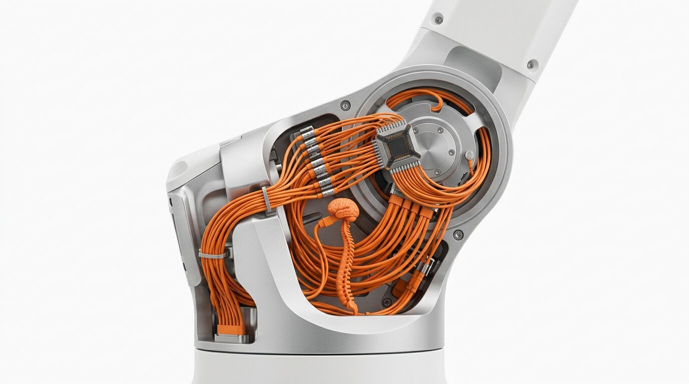 Nahaufnahme eines Roboterarms, dessen Innenleben freigelegt ist und orangefarbene Drähte zeigt