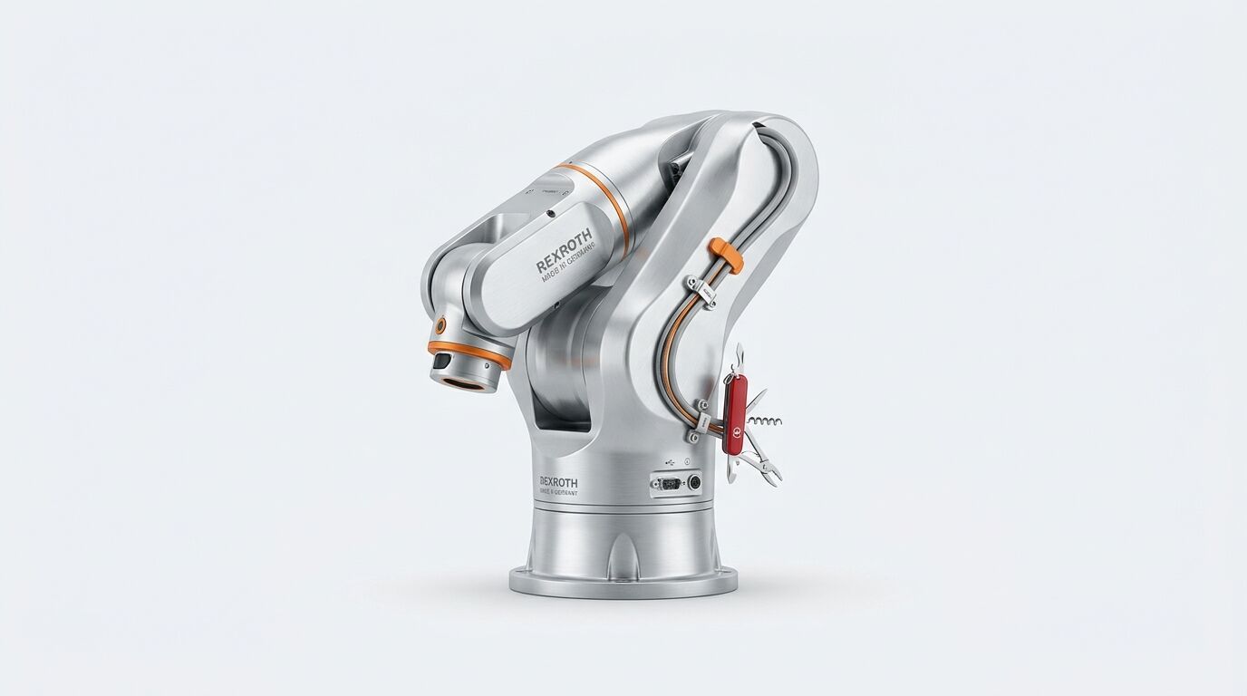 Ein Metall-Gelenkarm-Roboter mit einem integrierten Taschenmesser