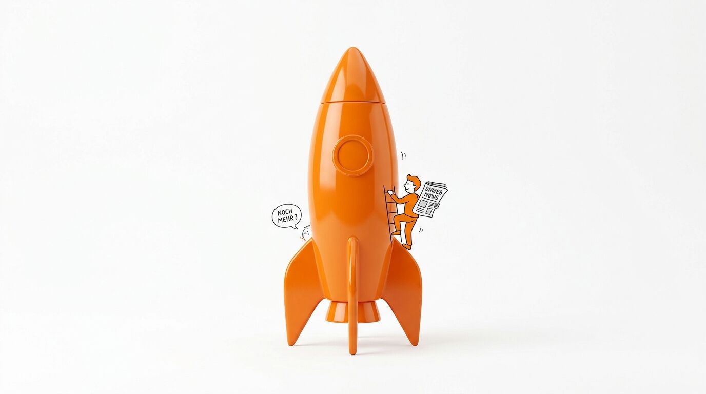 Orangefarbene Modellrakete mit gezeichneter Figur auf Leiter und Sprechblase „NOCH MEHR?“