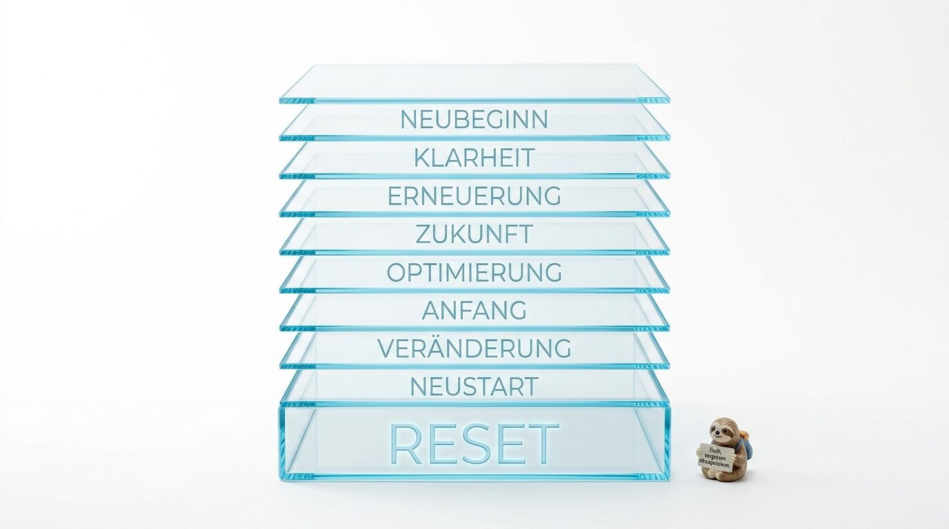 Ein Stapel beschrifteter Glasplatten auf weißem Grund mit einer Faultier-Figur daneben