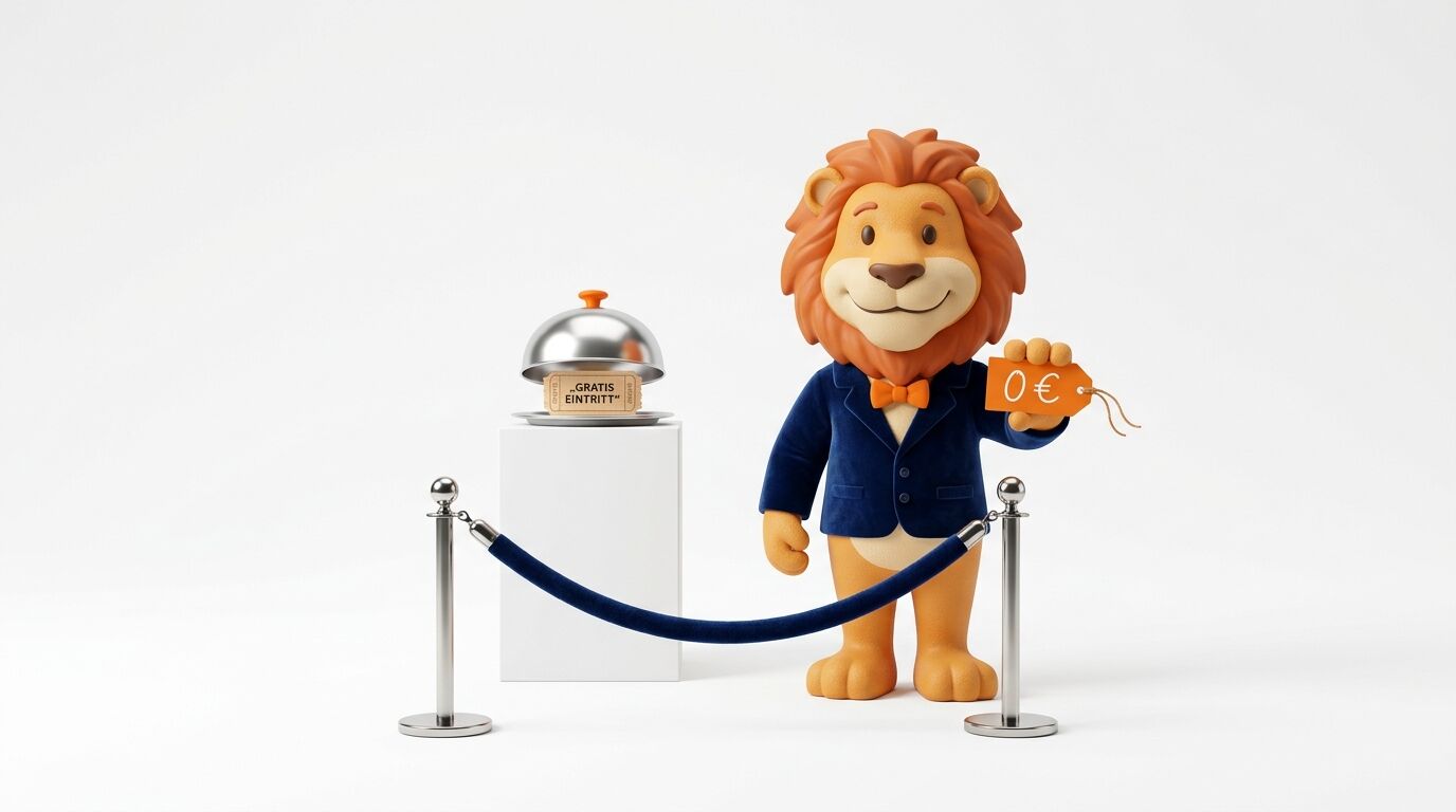 Ein 3D-Cartoon-Löwe im Anzug präsentiert ein „0€“-Preisschild und ein „GRATIS EINTRITT“-Ticket