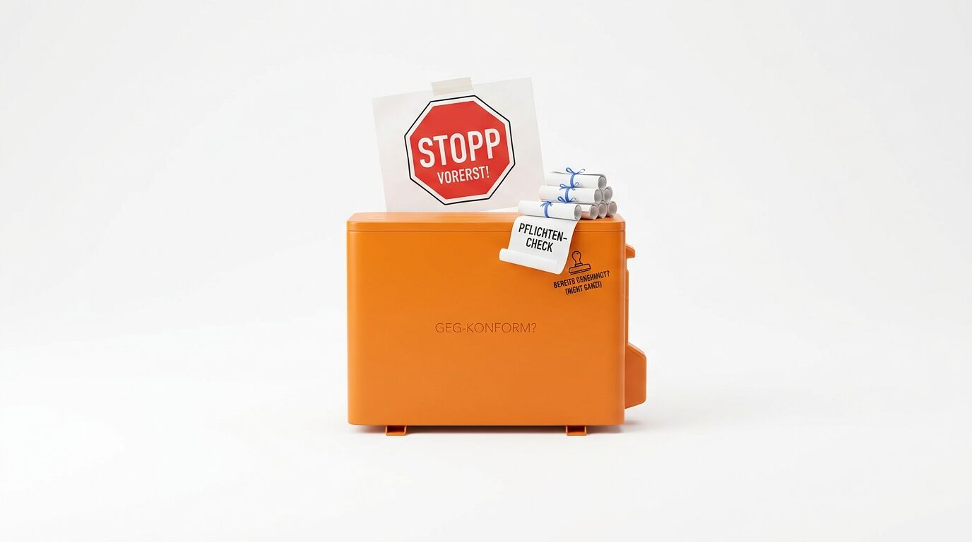Orange Kiste mit Stoppschild-Schild, Papierrollen, „PFLICHTENCHECK“- und „GEG-KONFORM?“-Schriftzug