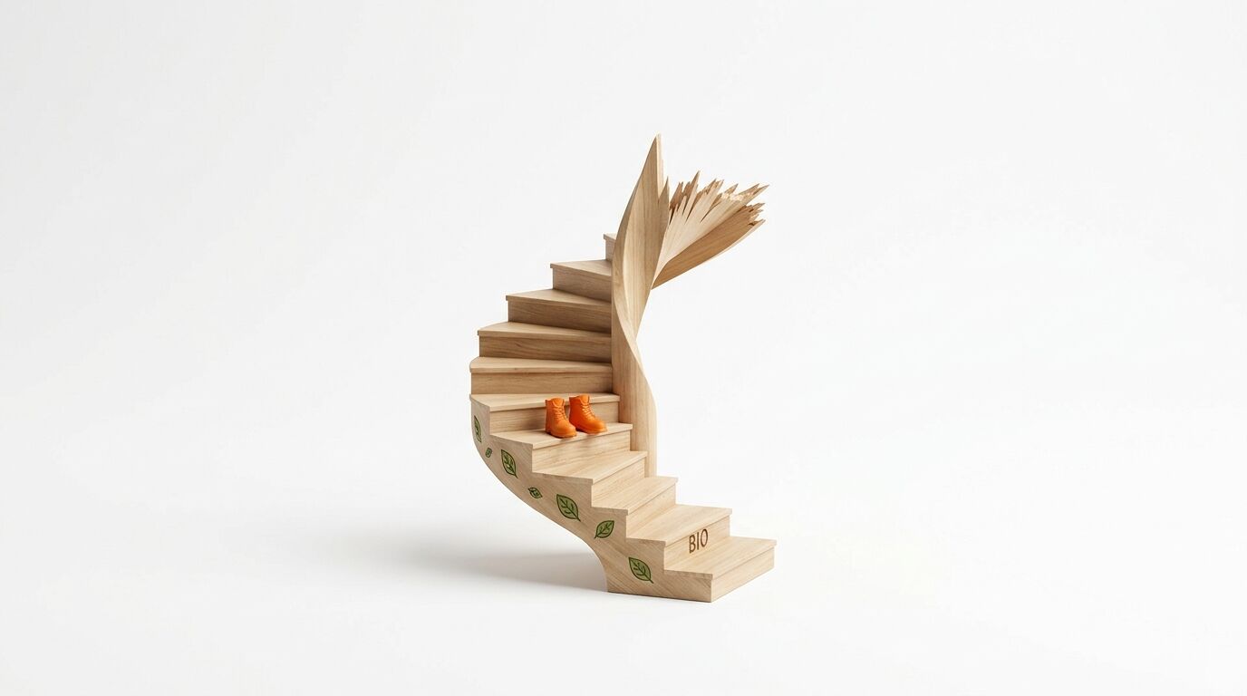 Holztreppe mit Schuhen, Blattmotiven und „BIO“-Aufschrift auf weißem Grund