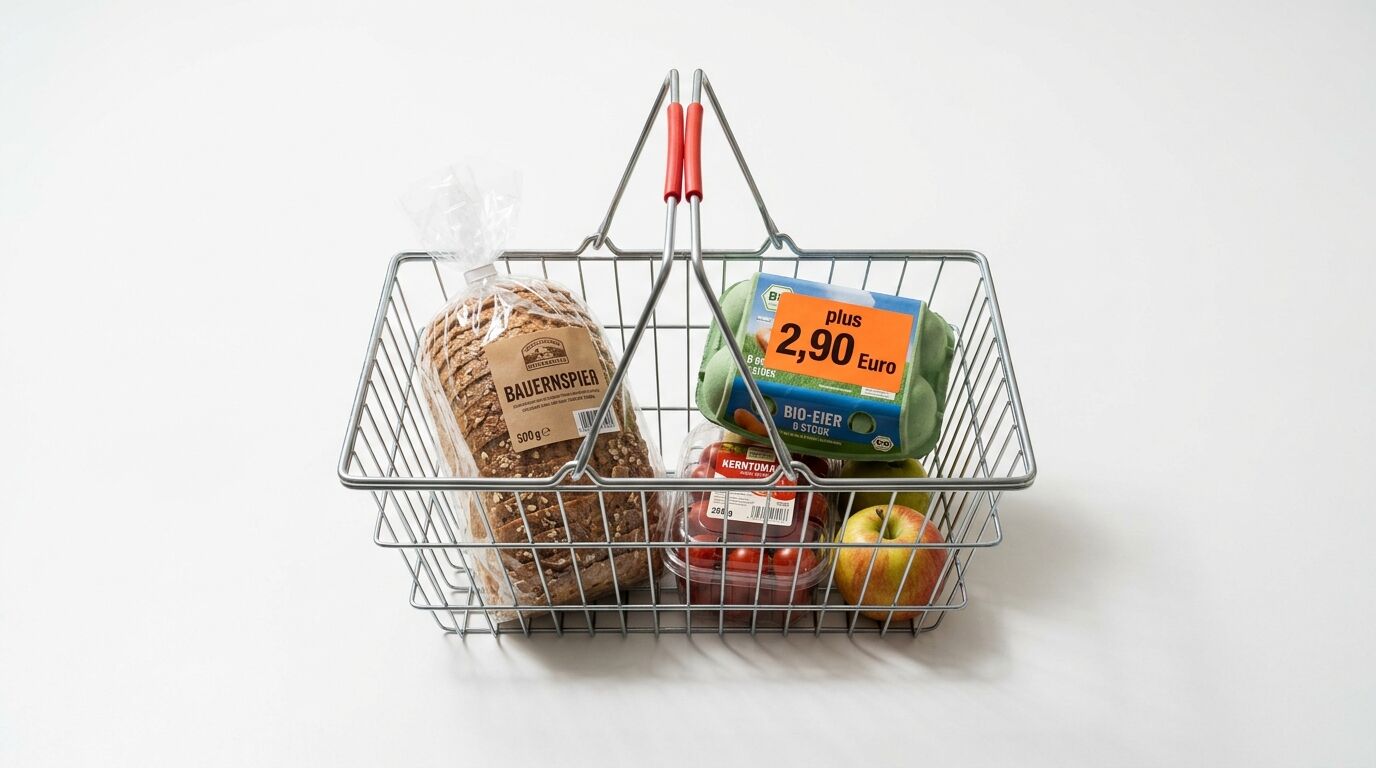 Draufsicht auf Einkaufskorb mit Brot, Eiern, Tomaten und Äpfeln vor weißem Hintergrund
