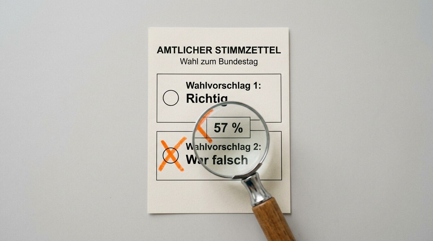 Stimmzettel mit „Wahlvorschlag 1: Richtig“ und durchkreuztem Feld „2: War falsch“ unter Lupe