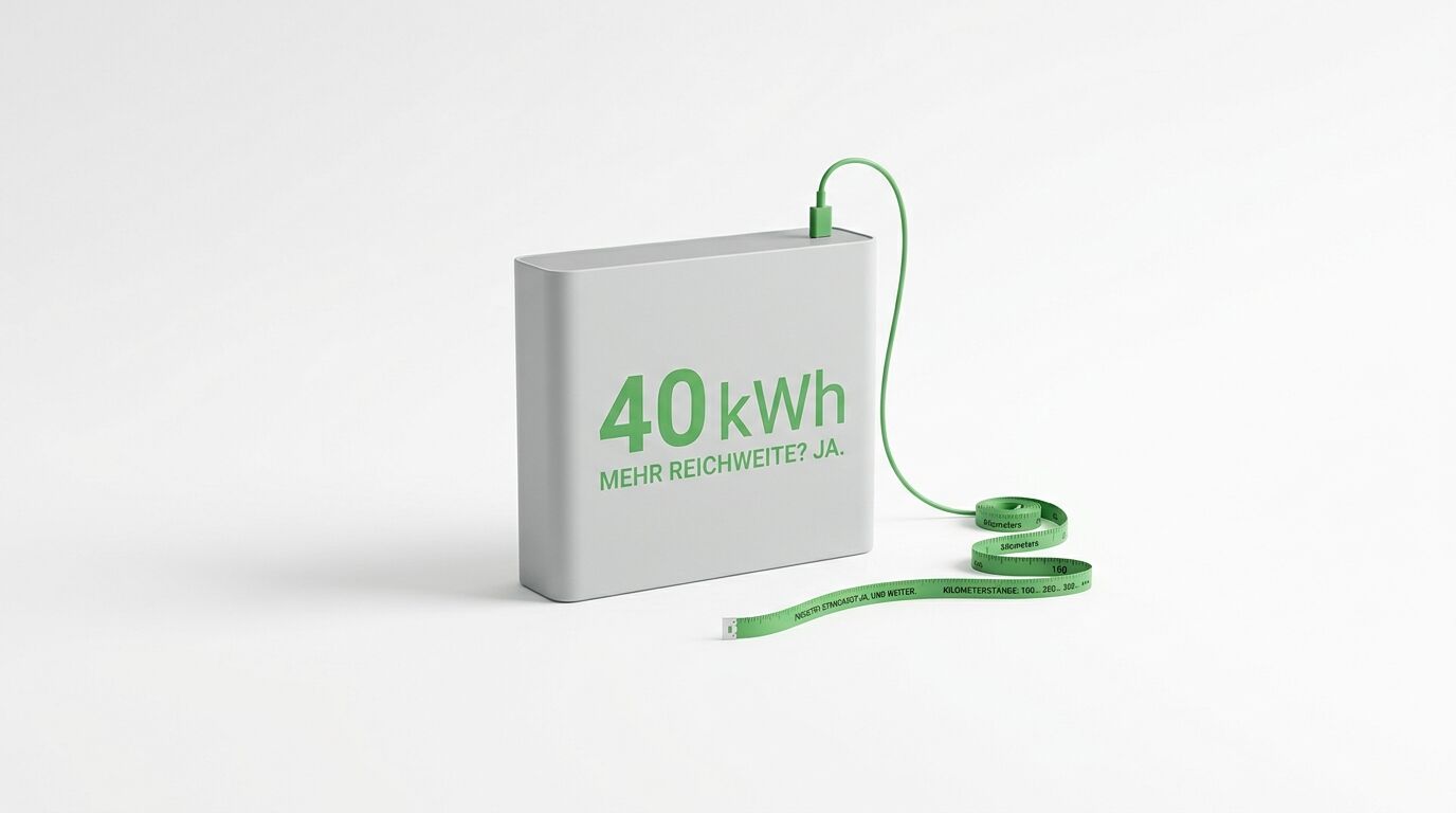 Hellgraue E-Auto-Batterie mit grünem Kabel und Maßband, beschriftet mit „40 kWh“